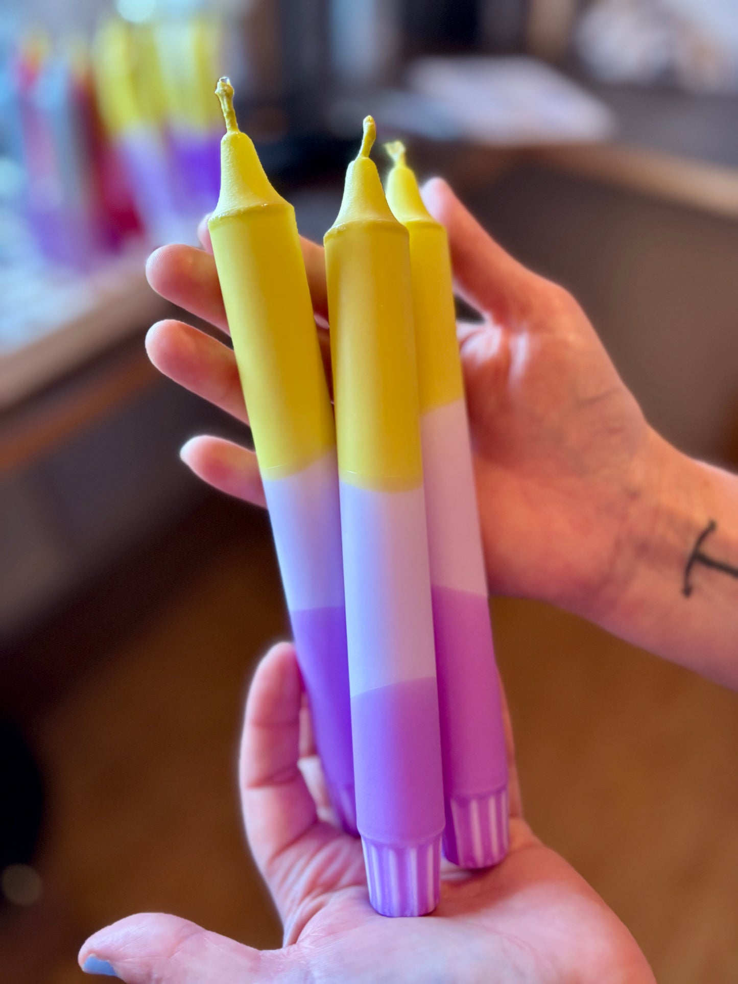 Olive Twist Stearin Candles – Handcrafted Olive Green, Lilac & Purple Taper Candles