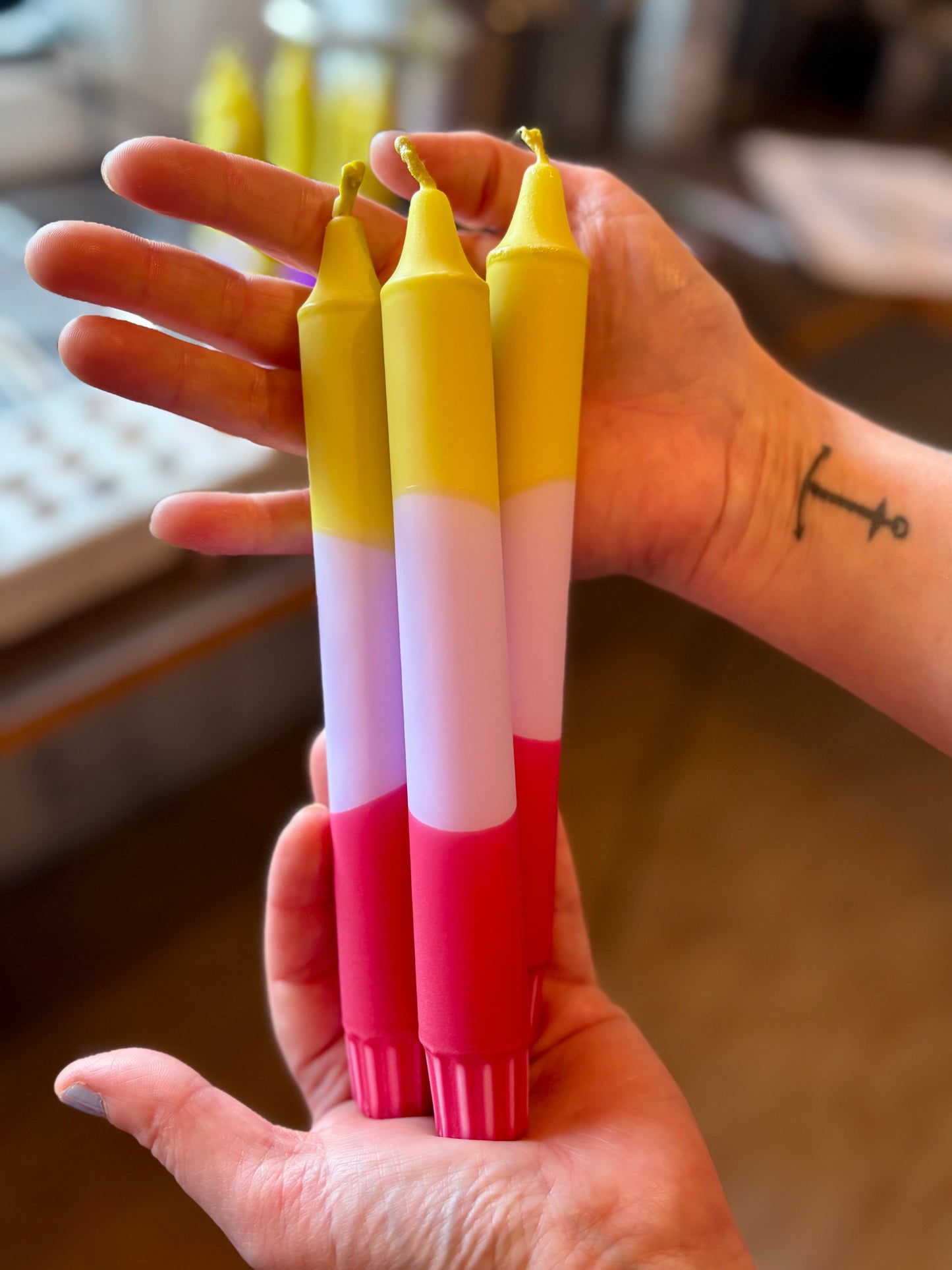 Sunset Grove Stearin Candles – Handcrafted Olive Green, Lilac & Red Taper Candles – Earthy Meets Bold – Available in 3, 5, 10, 15 or 20-Pack