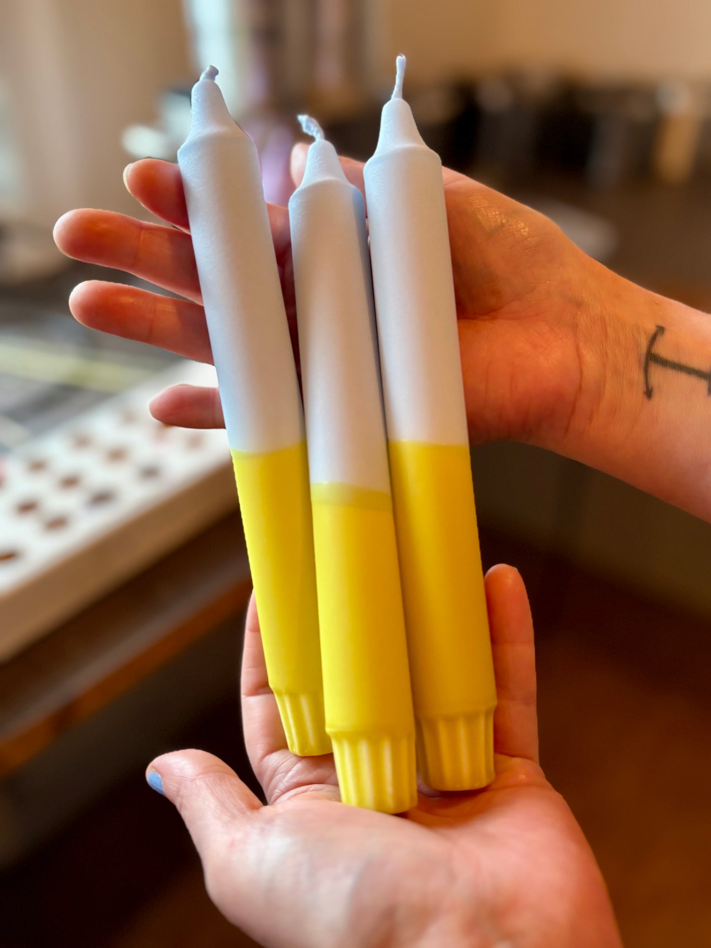Sky & Olive Stearin Candles – Handcrafted Light Blue & Olive Green Taper Candles