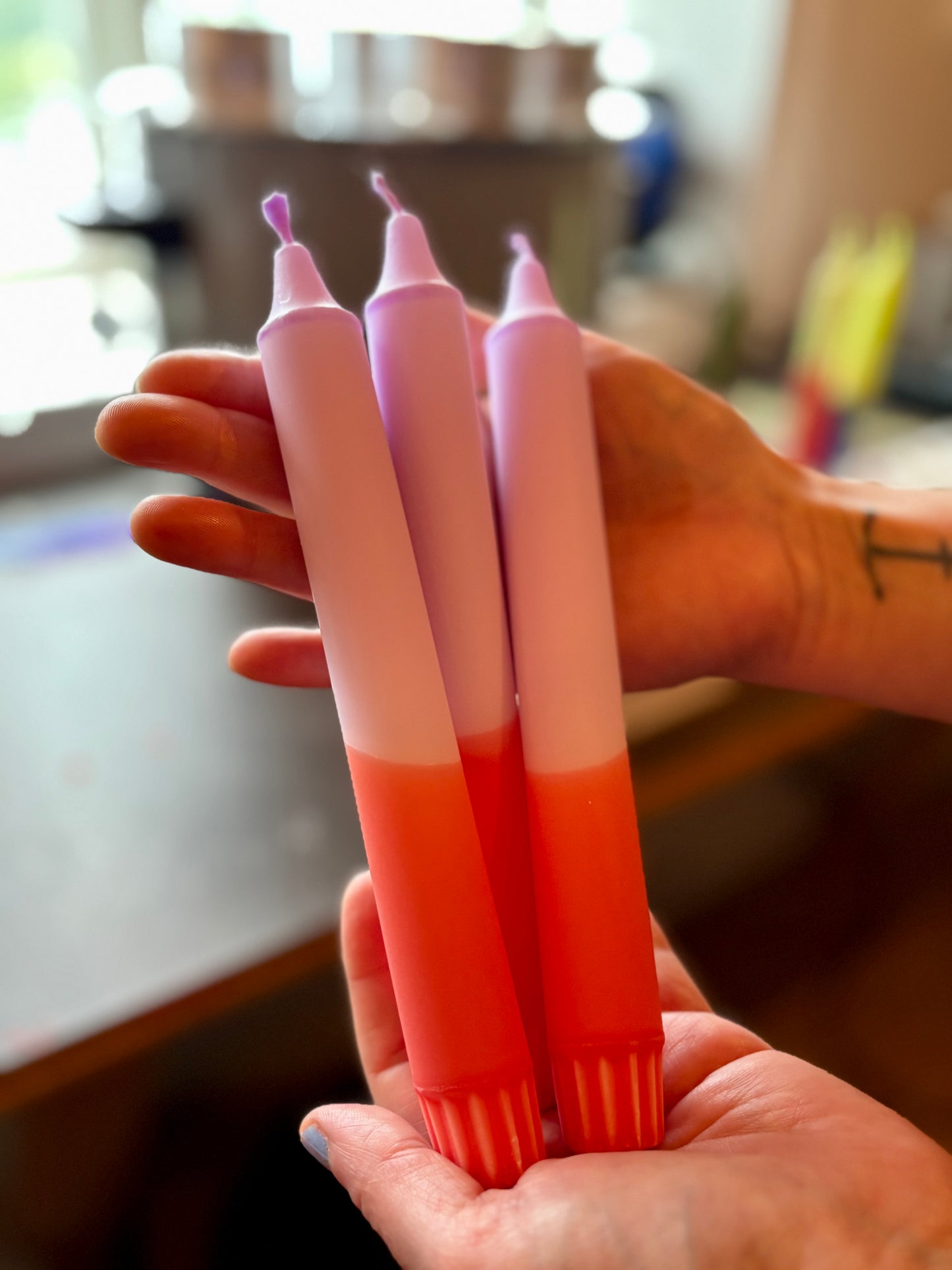 Sunset Sorbet Stearin Candles – Handcrafted Lavender & Coral Taper Candles – Playful Pastel Decor – Available in 3, 5, 10, 15 or 20-Pack