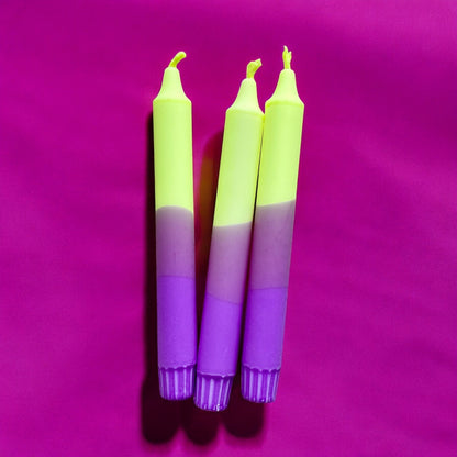Neon Bloom Stearin Candles – Handcrafted Neon Yellow, Lavender & Purple Taper Candles
